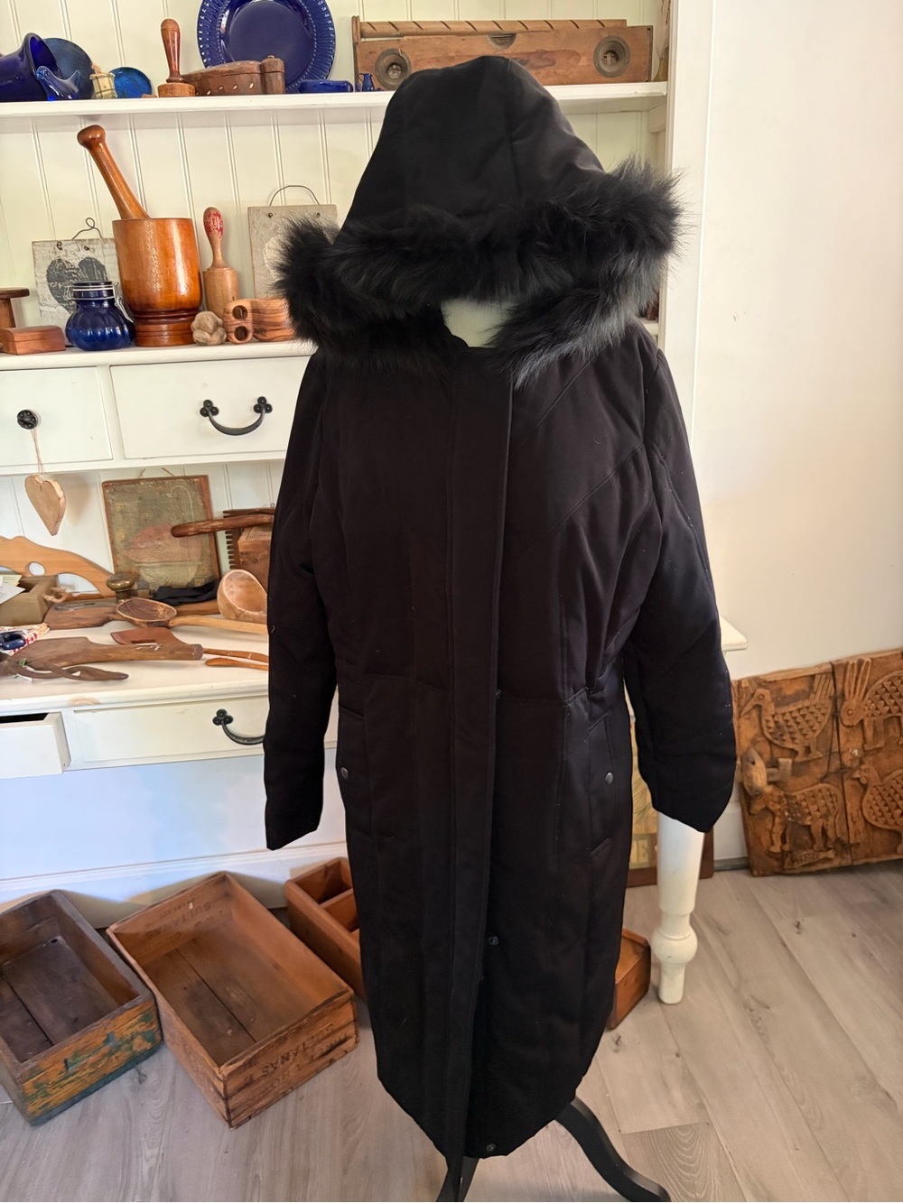 Utex Black Faux-Fur Hooded Long Parka Coat - Women